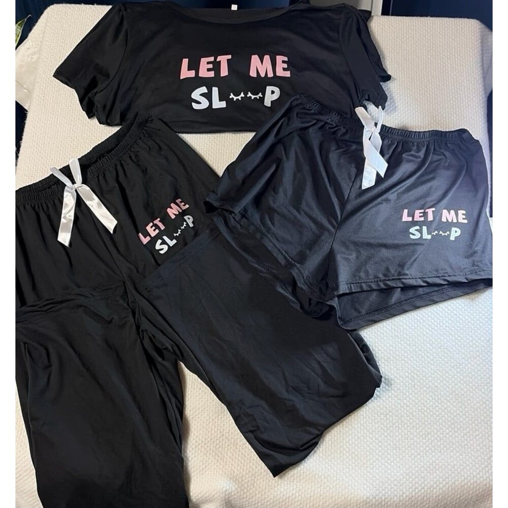 Women’s "Let Me Sleep" Graphic Pajama Set – Black Short Sleeve Loungewear large